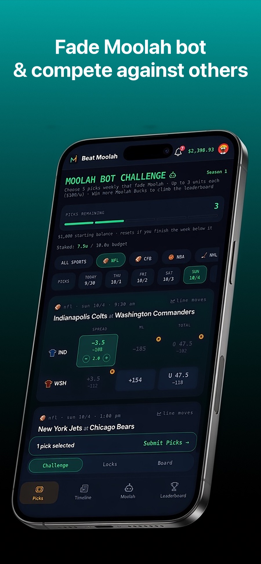 Beat Moolah picks screen: Moolah Bot Challenge with game cards, spread, moneyline and total tiles, and Moolah's picks marked M