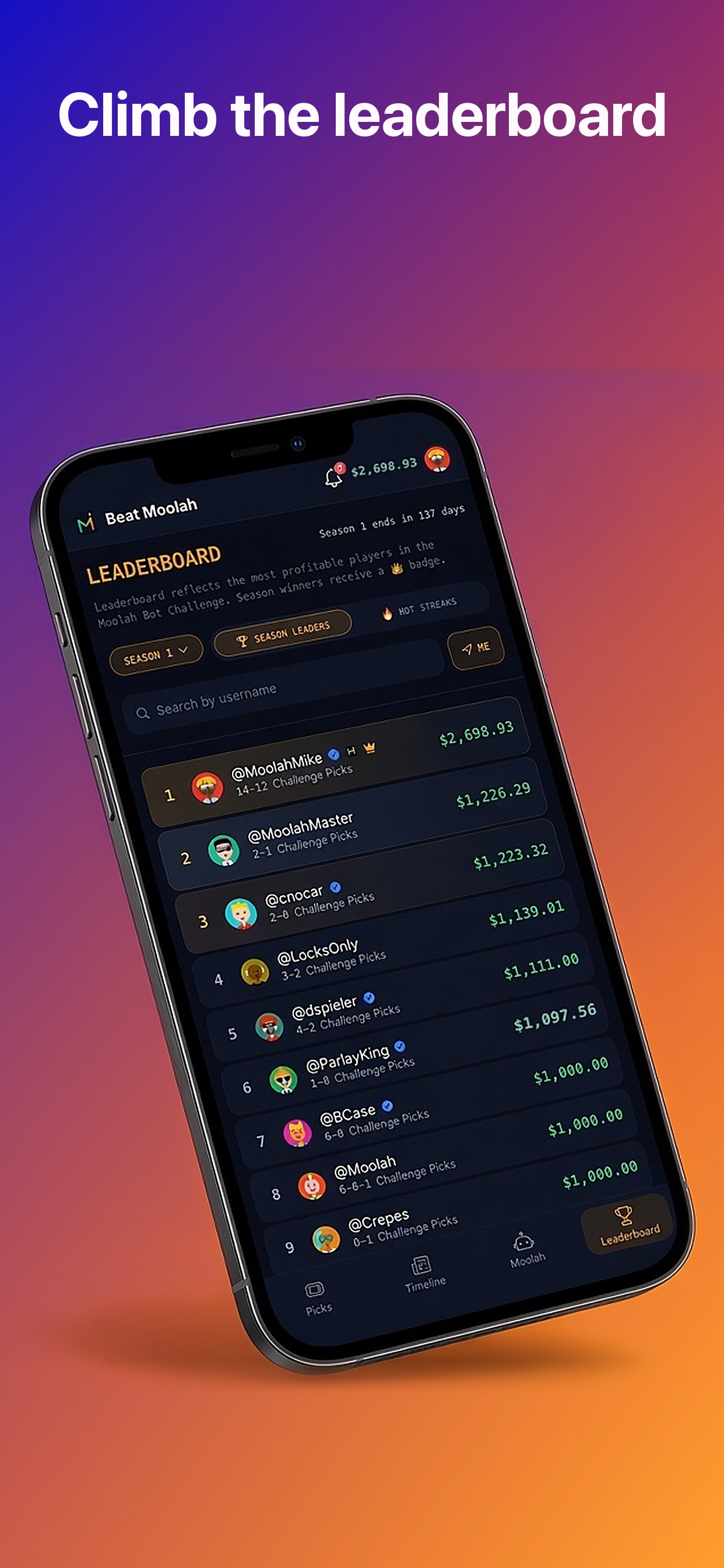 Beat Moolah leaderboard: Season 1 leaders ranked by Moolah Bot Challenge balance, with records and avatars