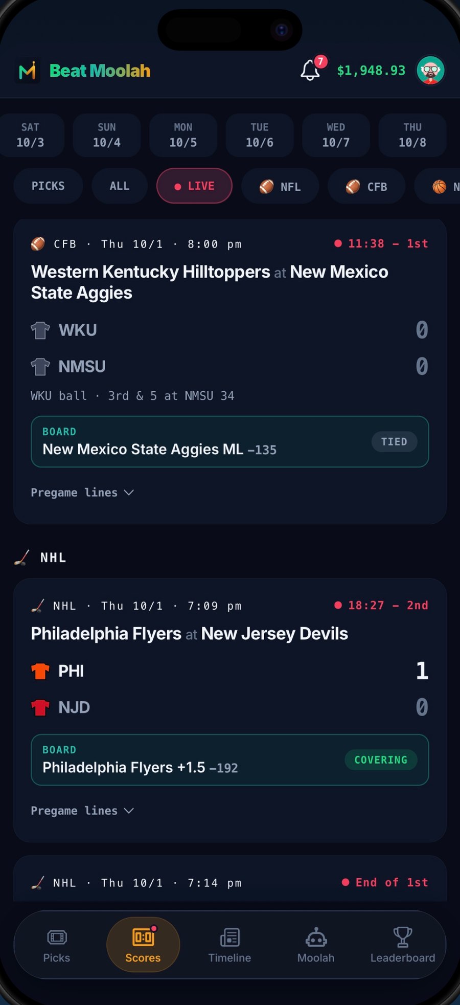 Scores screen: live Western Kentucky at New Mexico State and Flyers at Devils, each with the user's Board pick marked tied or covering