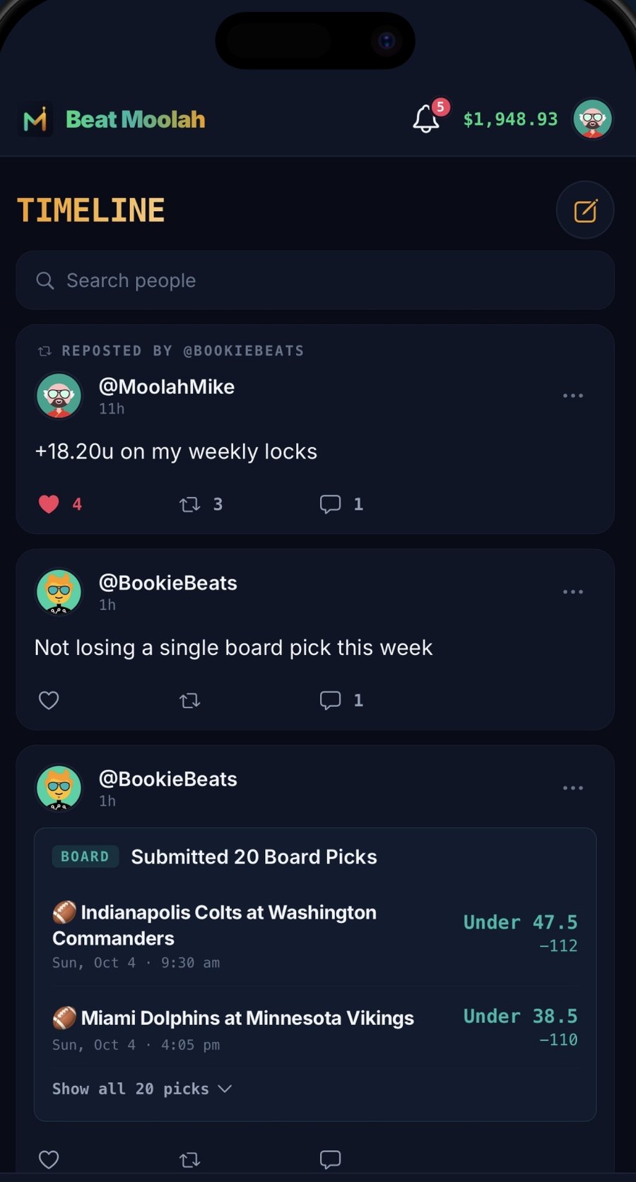Timeline screen: a reposted +18.20u Weekly Locks post, a text post, and a batch of 20 submitted Board Picks